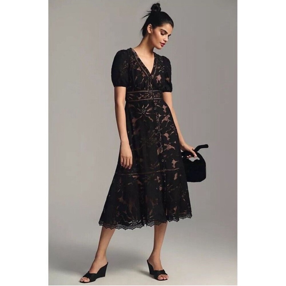 Anthropologie Ophelia Puff Sleeve Black lace midi dress size 4 small